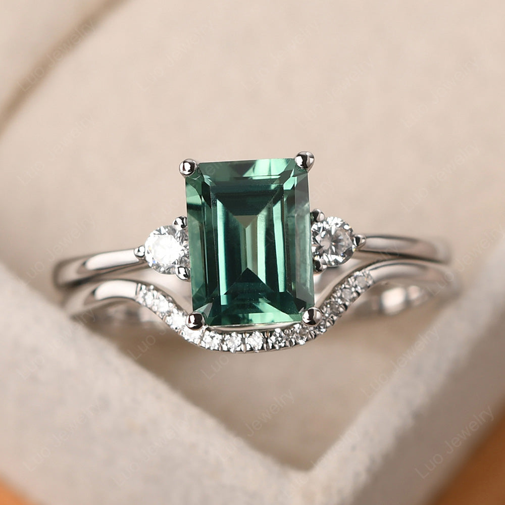 Green Sapphire Engagement Ring With Curved Wedding Band - LUO Jewelry