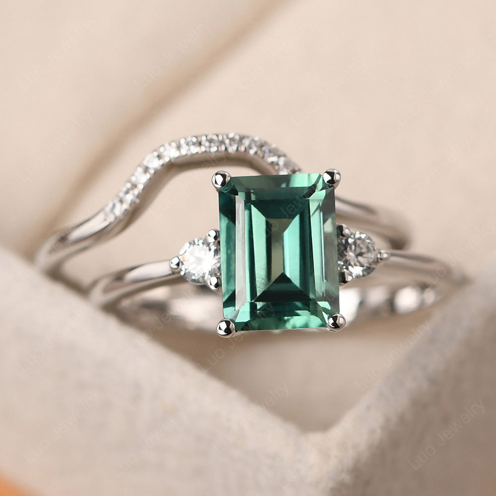 Green Sapphire Engagement Ring With Curved Wedding Band - LUO Jewelry