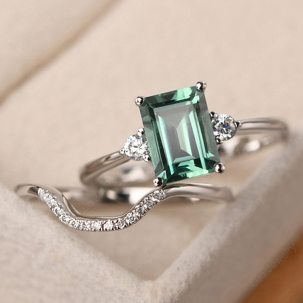 Green Sapphire Engagement Ring With Curved Wedding Band - LUO Jewelry