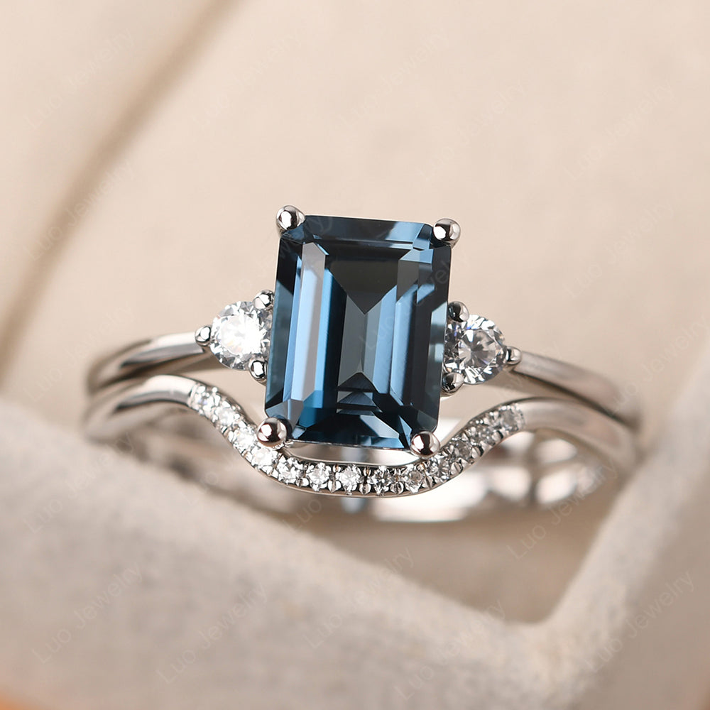 London Blue Topaz Engagement Ring With Curved Wedding Band - LUO Jewelry