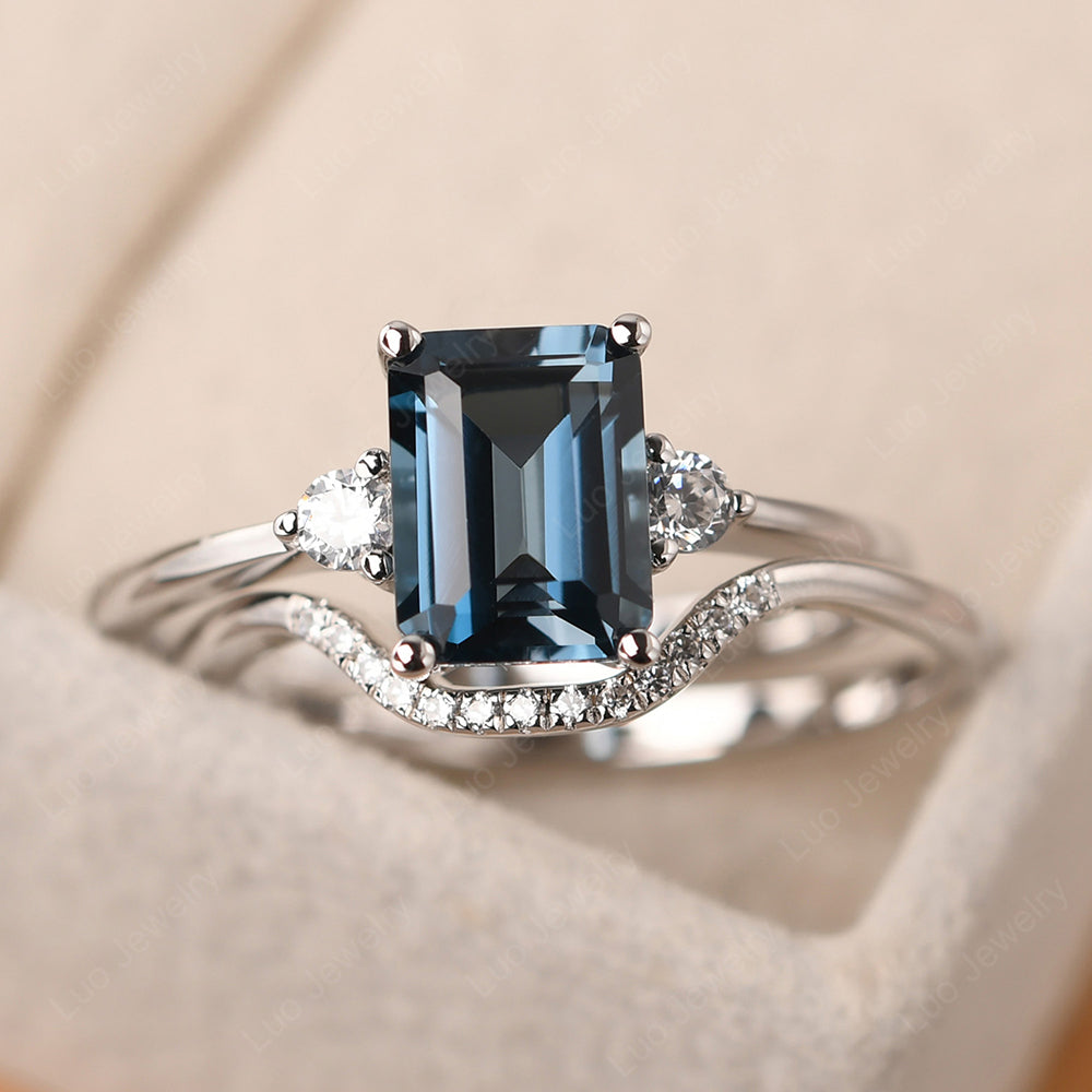 London Blue Topaz Engagement Ring With Curved Wedding Band - LUO Jewelry