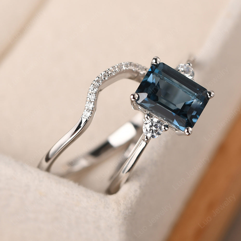 London Blue Topaz Engagement Ring With Curved Wedding Band - LUO Jewelry