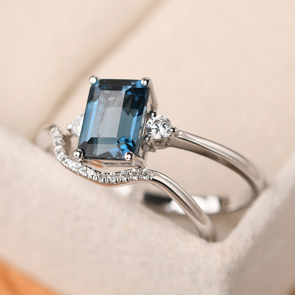 London Blue Topaz Engagement Ring With Curved Wedding Band - LUO Jewelry