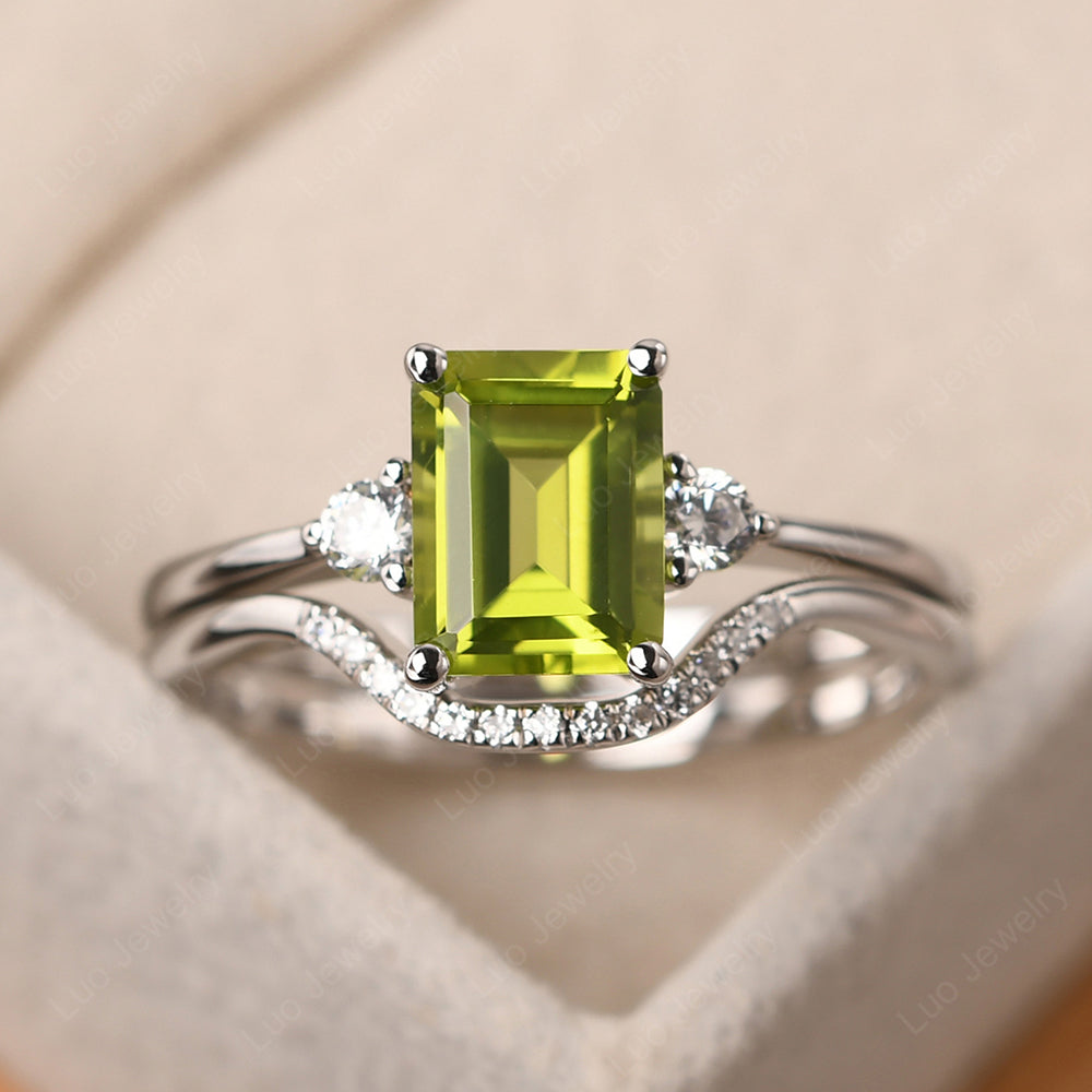 Peridot Engagement Ring With Curved Wedding Band - LUO Jewelry