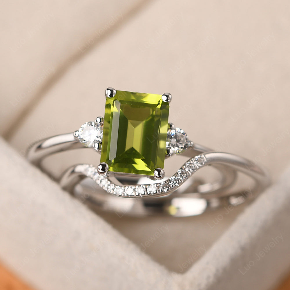 Peridot Engagement Ring With Curved Wedding Band - LUO Jewelry