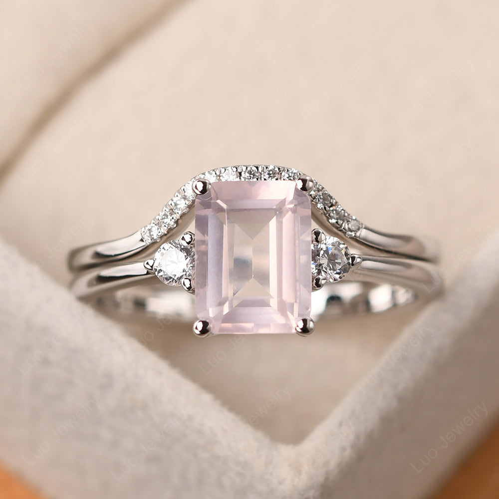 Rose Quartz Engagement Ring With Curved Wedding Band - LUO Jewelry