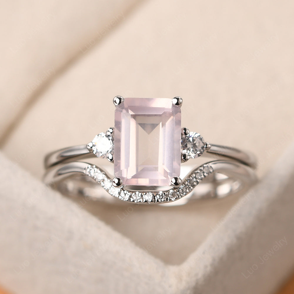Rose Quartz Engagement Ring With Curved Wedding Band - LUO Jewelry