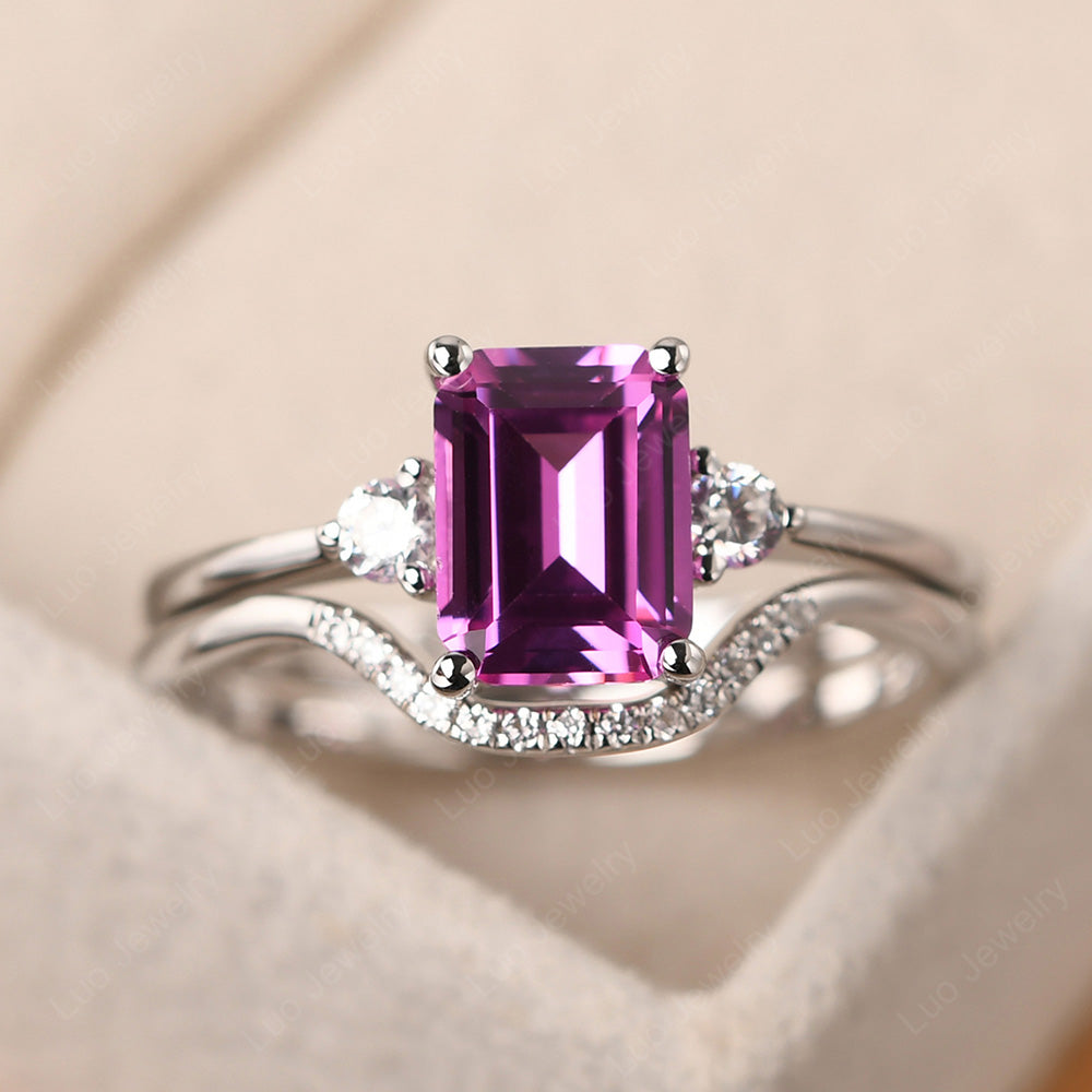 Pink Sapphire Engagement Ring With Curved Wedding Band - LUO Jewelry