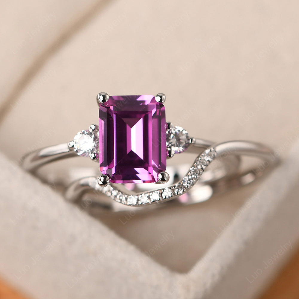 Pink Sapphire Engagement Ring With Curved Wedding Band - LUO Jewelry