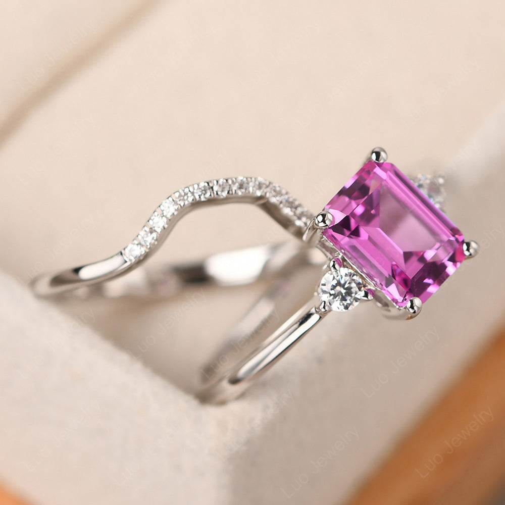Pink Sapphire Engagement Ring With Curved Wedding Band - LUO Jewelry