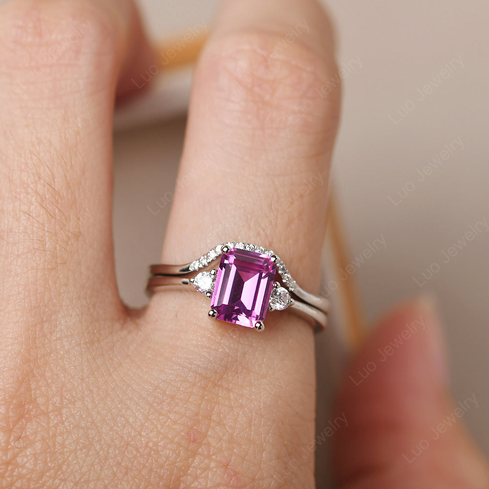 Pink Sapphire Engagement Ring With Curved Wedding Band - LUO Jewelry