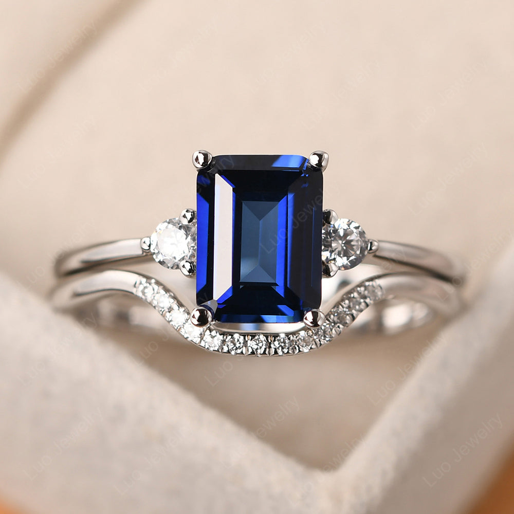 Lab Sapphire Engagement Ring With Curved Wedding Band - LUO Jewelry