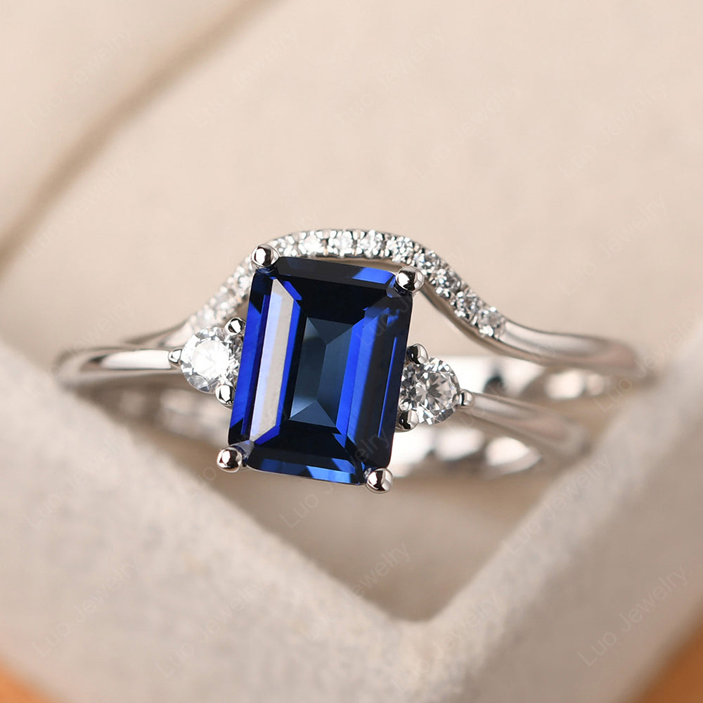 Lab Sapphire Engagement Ring With Curved Wedding Band - LUO Jewelry