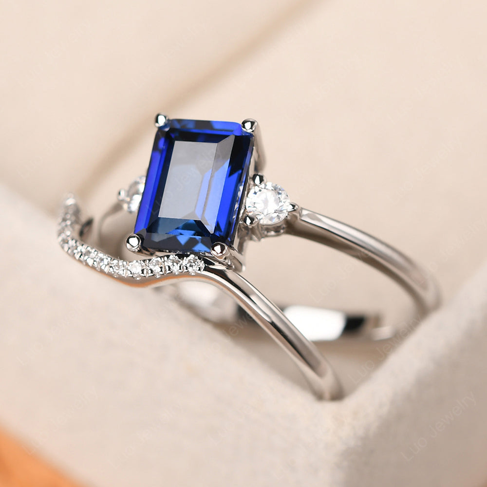 Lab Sapphire Engagement Ring With Curved Wedding Band - LUO Jewelry