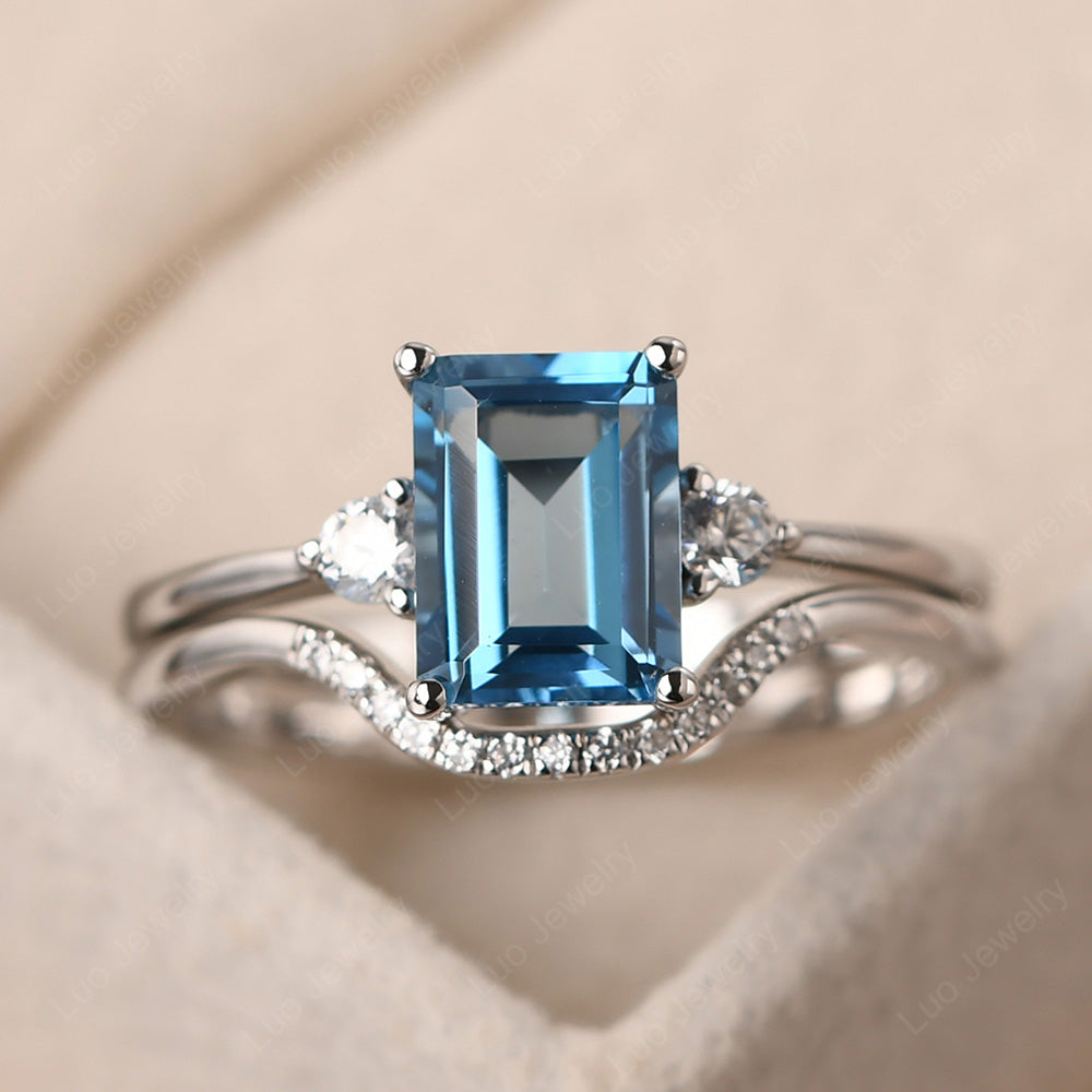 Swiss Blue Topaz Engagement Ring With Curved Wedding Band - LUO Jewelry