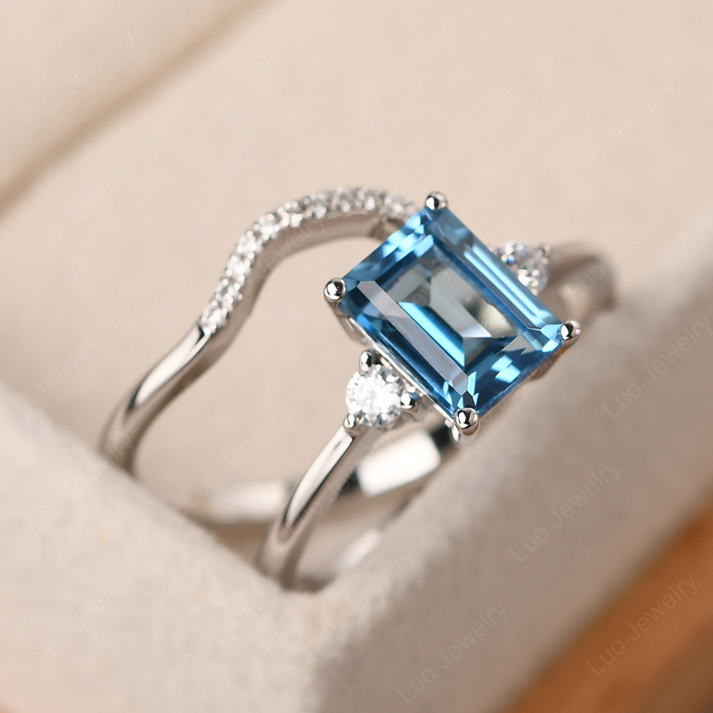 Swiss Blue Topaz Engagement Ring With Curved Wedding Band - LUO Jewelry