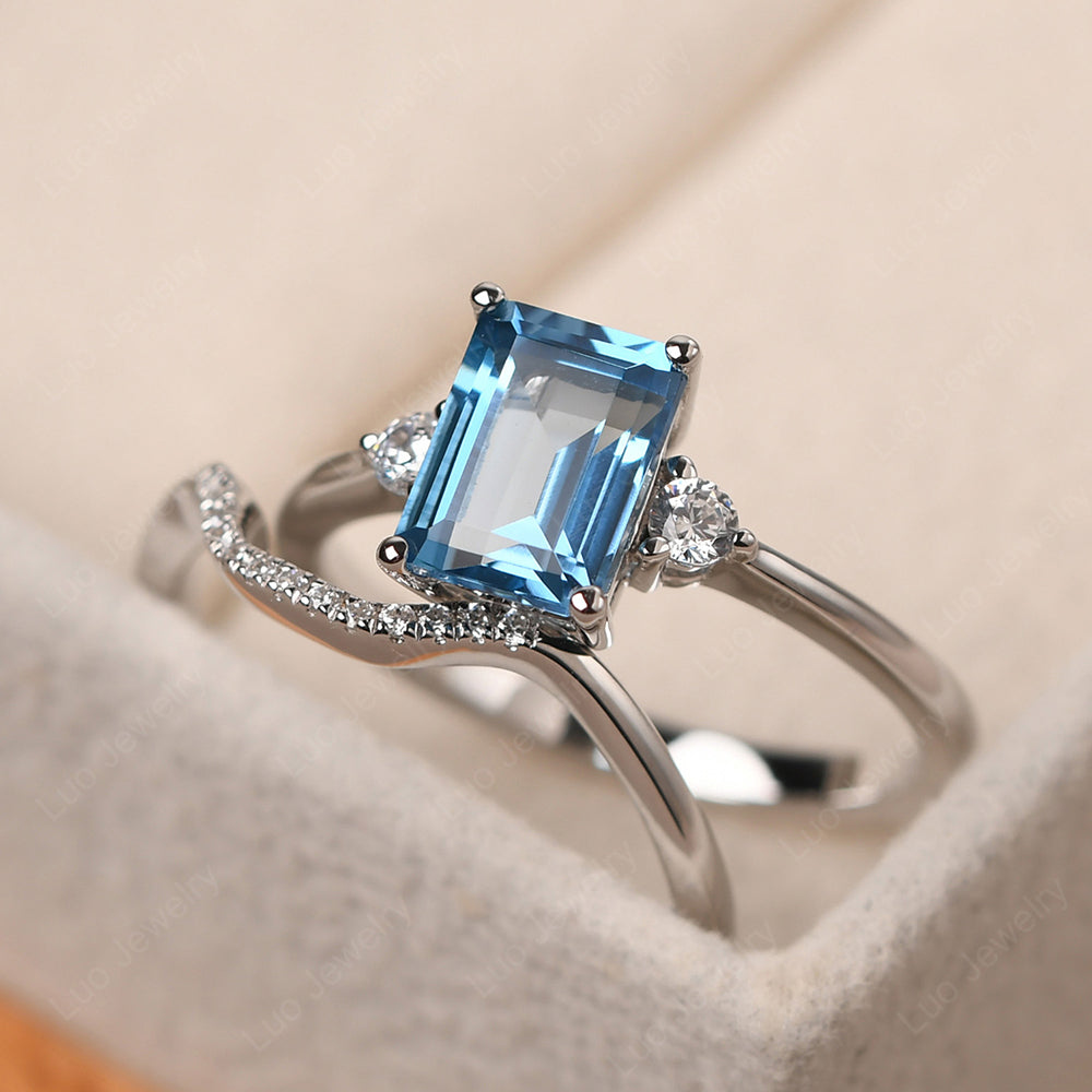 Swiss Blue Topaz Engagement Ring With Curved Wedding Band - LUO Jewelry