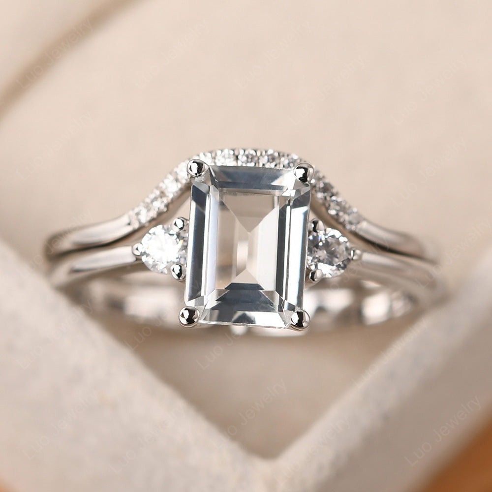 White Topaz Engagement Ring With Curved Wedding Band - LUO Jewelry