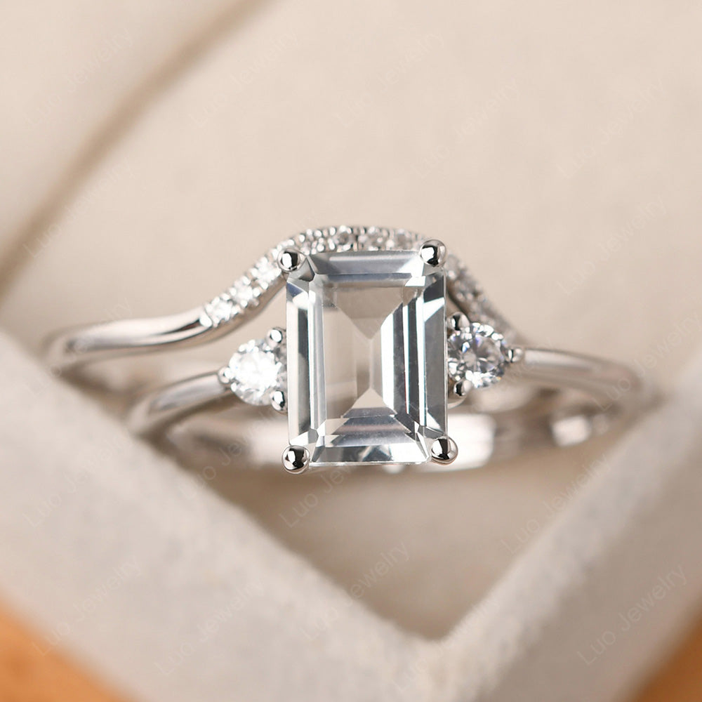 White Topaz Engagement Ring With Curved Wedding Band - LUO Jewelry