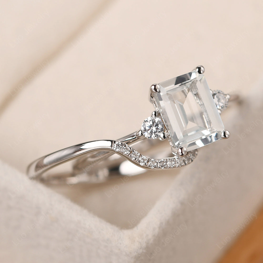 White Topaz Engagement Ring With Curved Wedding Band - LUO Jewelry