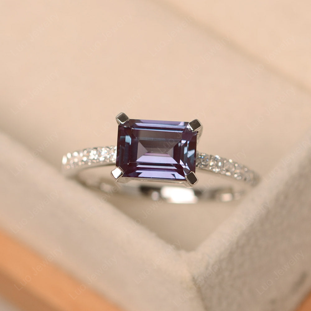 Emerald Cut Alexandrite Ring Horizontal Engagement Ring - LUO Jewelry