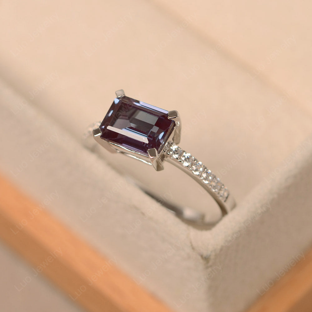 Emerald Cut Alexandrite Ring Horizontal Engagement Ring - LUO Jewelry