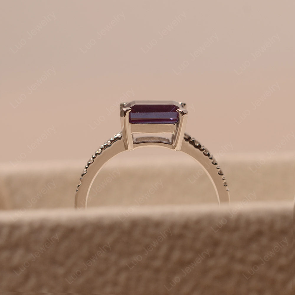 Emerald Cut Alexandrite Ring Horizontal Engagement Ring - LUO Jewelry