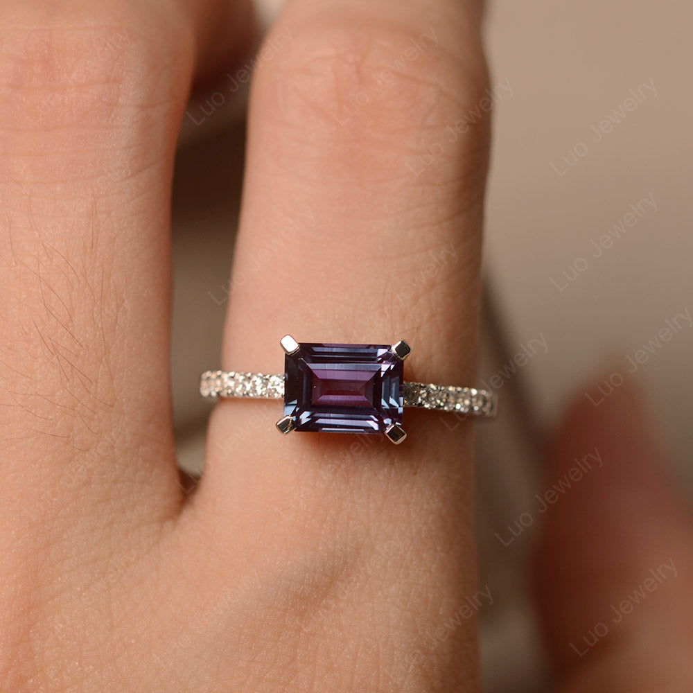 Emerald Cut Alexandrite Ring Horizontal Engagement Ring - LUO Jewelry