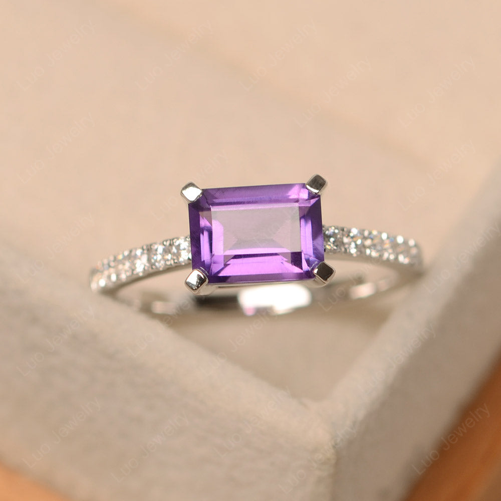 Emerald Cut Amethyst Ring Horizontal Engagement Ring - LUO Jewelry