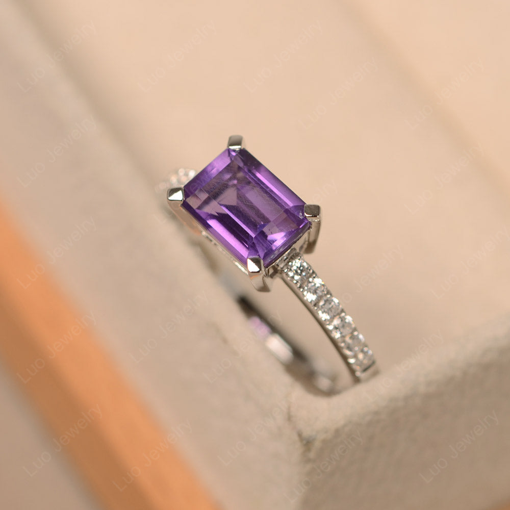 Emerald Cut Amethyst Ring Horizontal Engagement Ring - LUO Jewelry