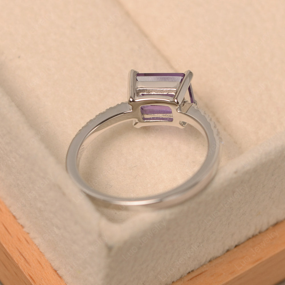 Emerald Cut Amethyst Ring Horizontal Engagement Ring - LUO Jewelry