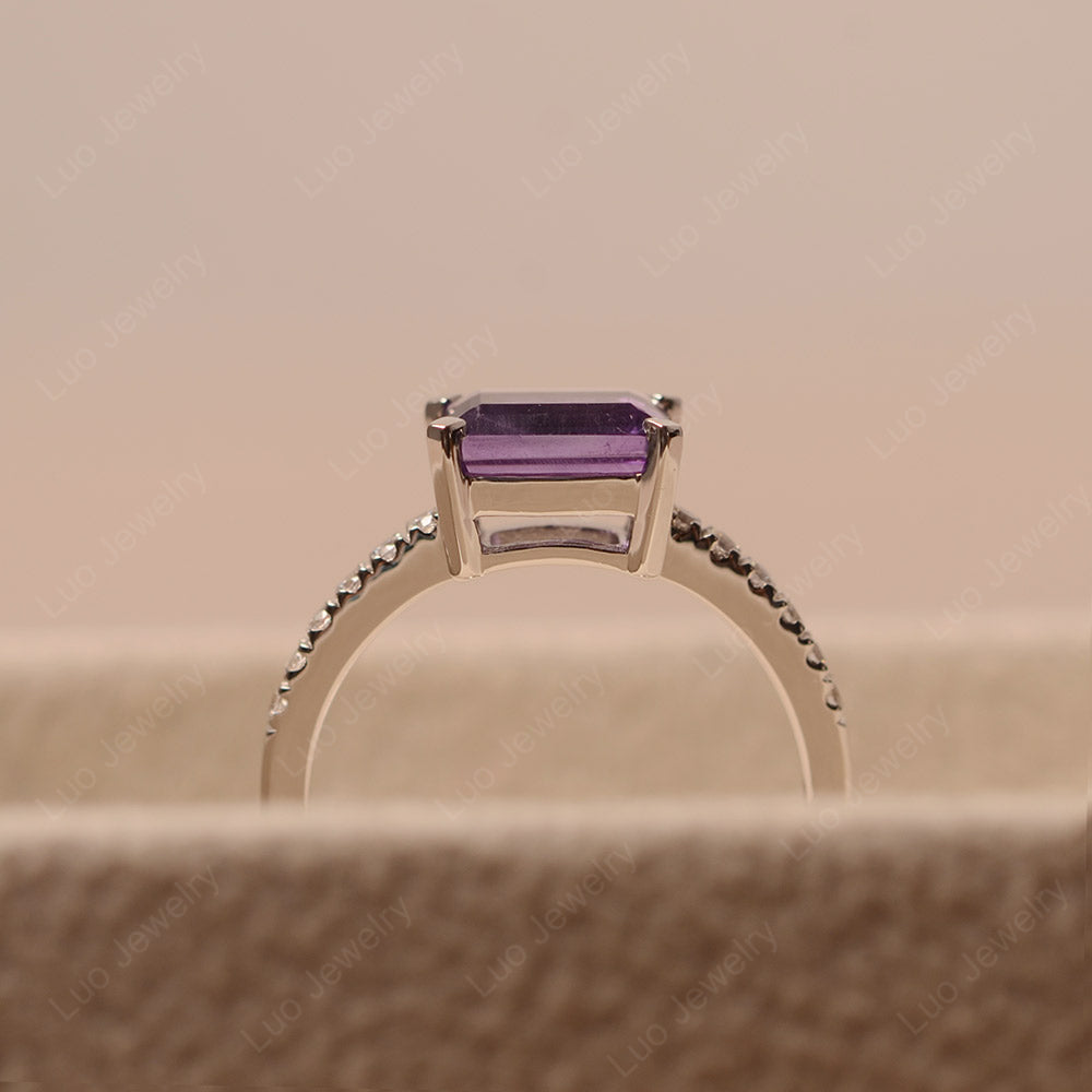 Emerald Cut Amethyst Ring Horizontal Engagement Ring - LUO Jewelry