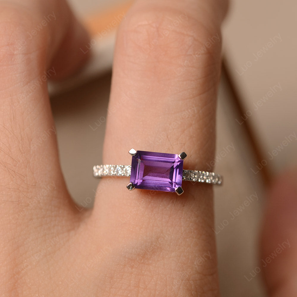 Emerald Cut Amethyst Ring Horizontal Engagement Ring - LUO Jewelry