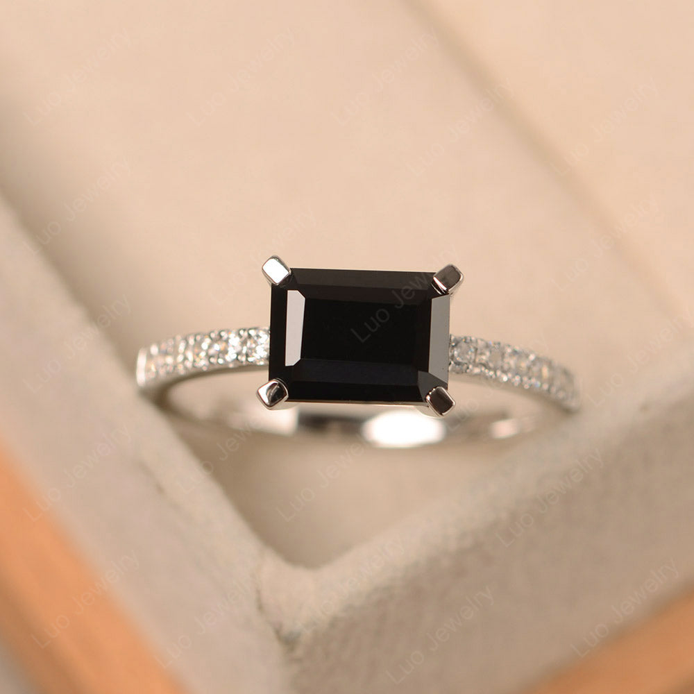 Emerald Cut Black Spinel Ring Horizontal Engagement Ring - LUO Jewelry