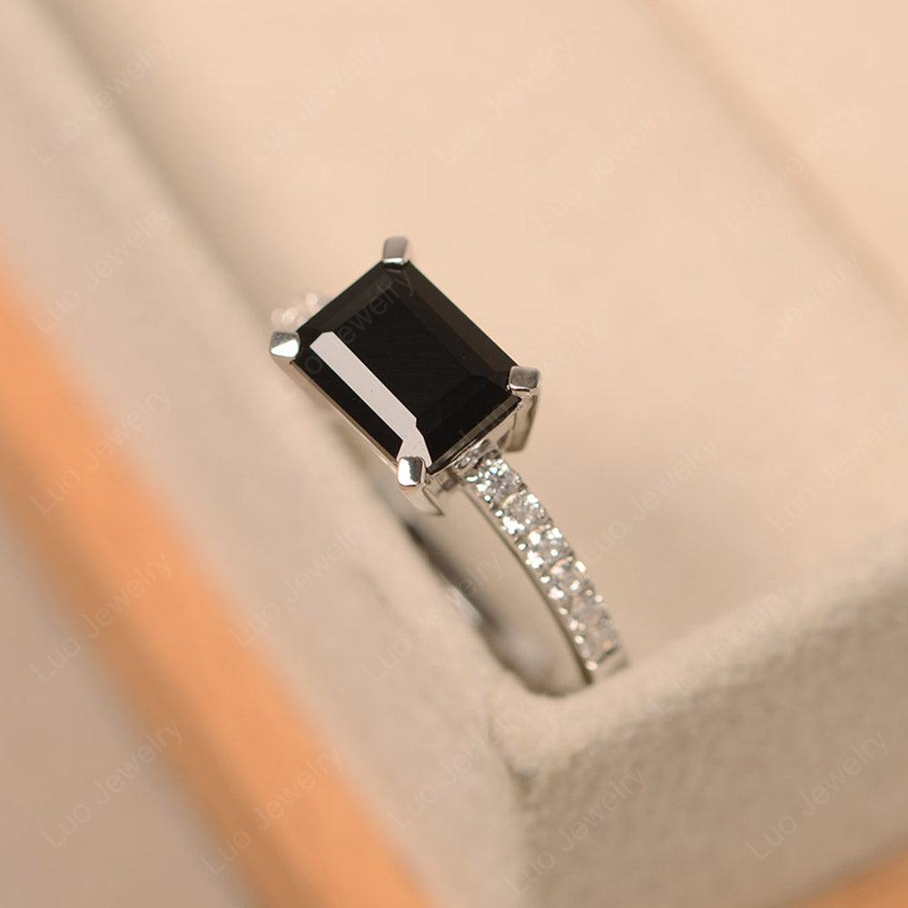 Emerald Cut Black Spinel Ring Horizontal Engagement Ring - LUO Jewelry