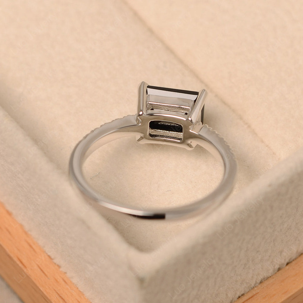 Emerald Cut Black Spinel Ring Horizontal Engagement Ring - LUO Jewelry
