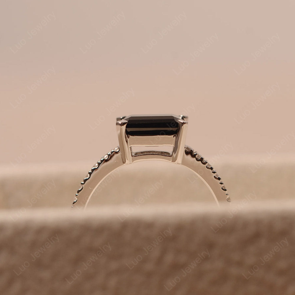 Emerald Cut Black Spinel Ring Horizontal Engagement Ring - LUO Jewelry
