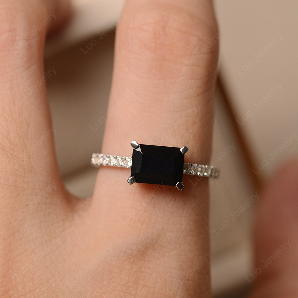 Emerald Cut Black Spinel Ring Horizontal Engagement Ring - LUO Jewelry