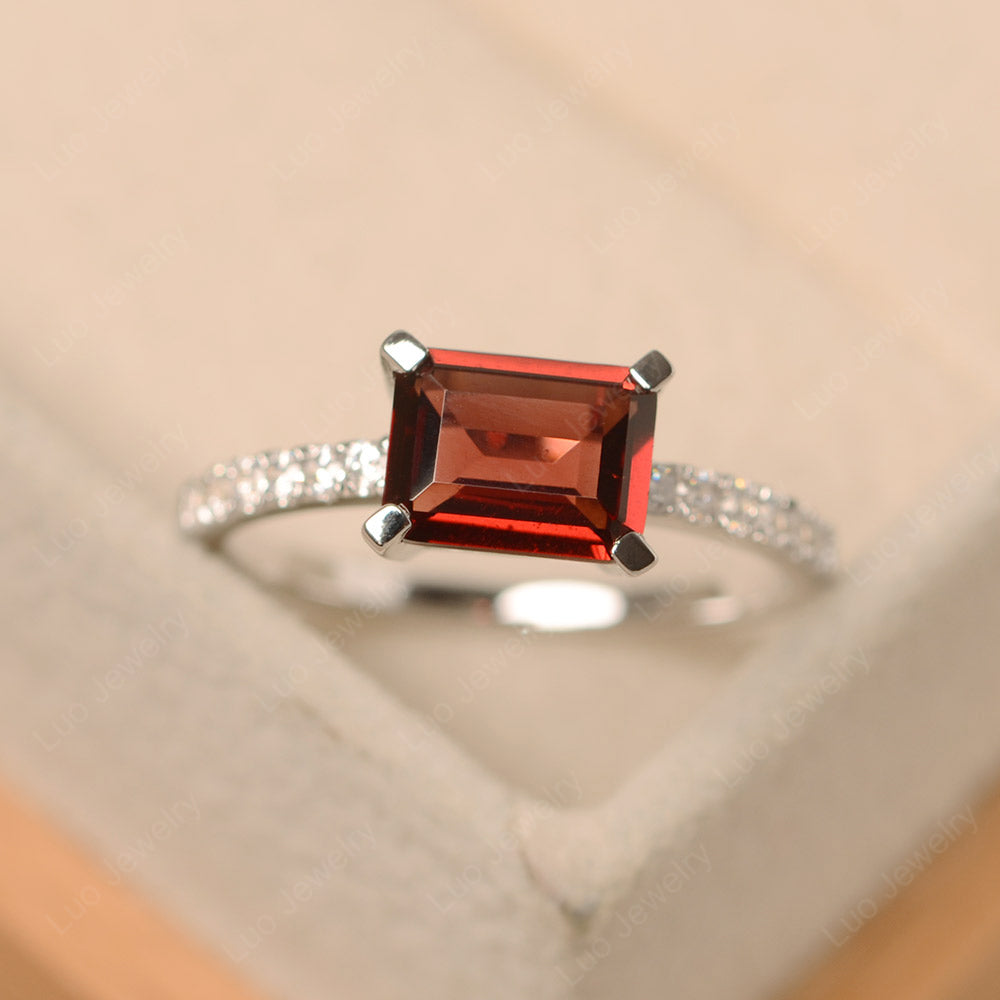 Emerald Cut Garnet Ring Horizontal Engagement Ring - LUO Jewelry