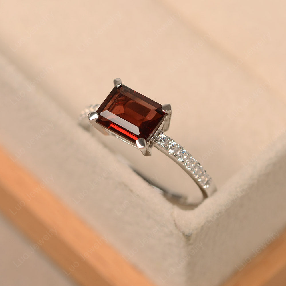 Emerald Cut Garnet Ring Horizontal Engagement Ring - LUO Jewelry