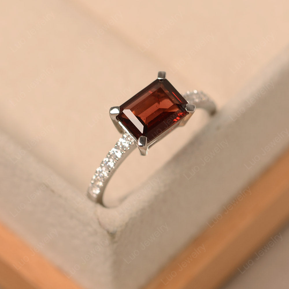 Emerald Cut Garnet Ring Horizontal Engagement Ring - LUO Jewelry