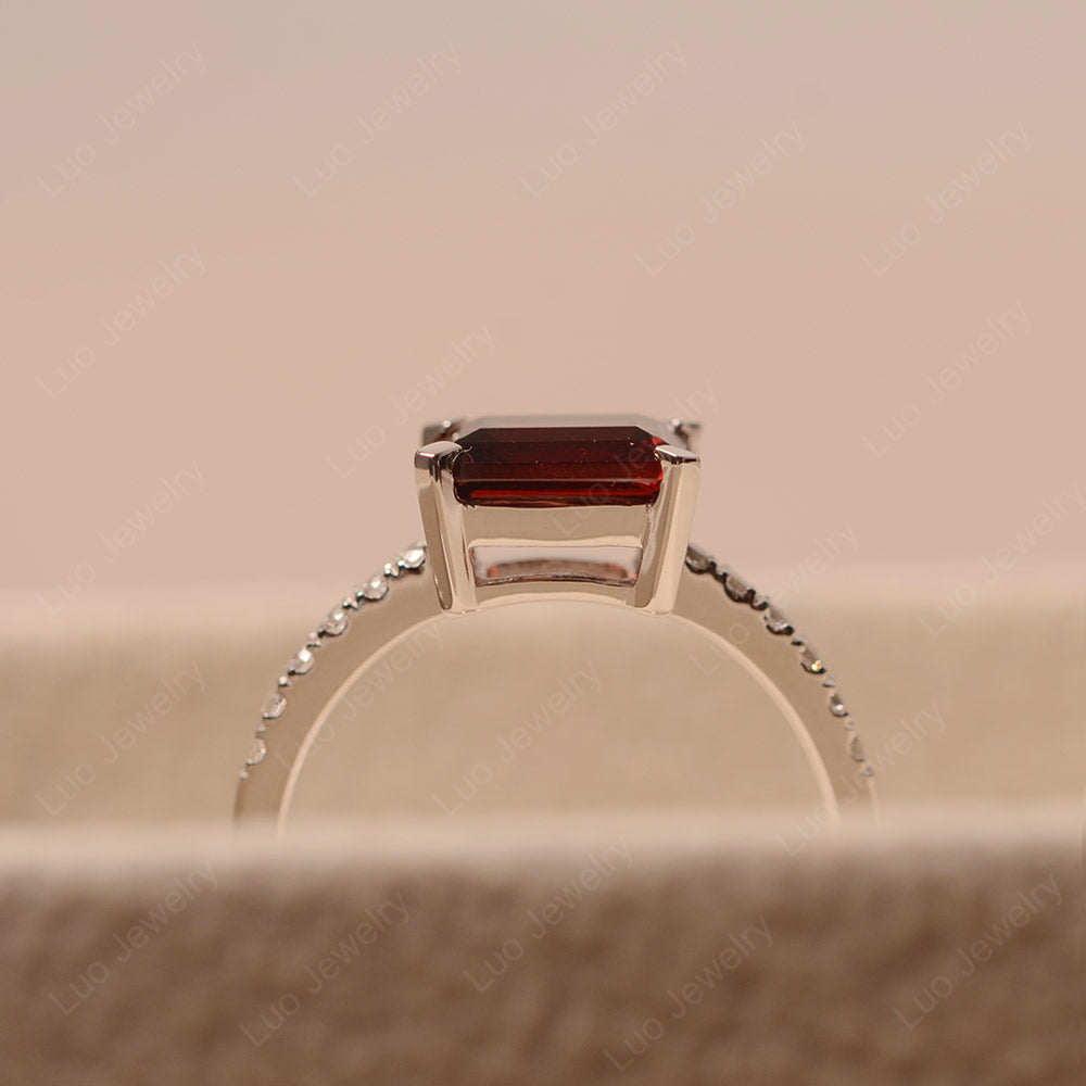 Emerald Cut Garnet Ring Horizontal Engagement Ring - LUO Jewelry