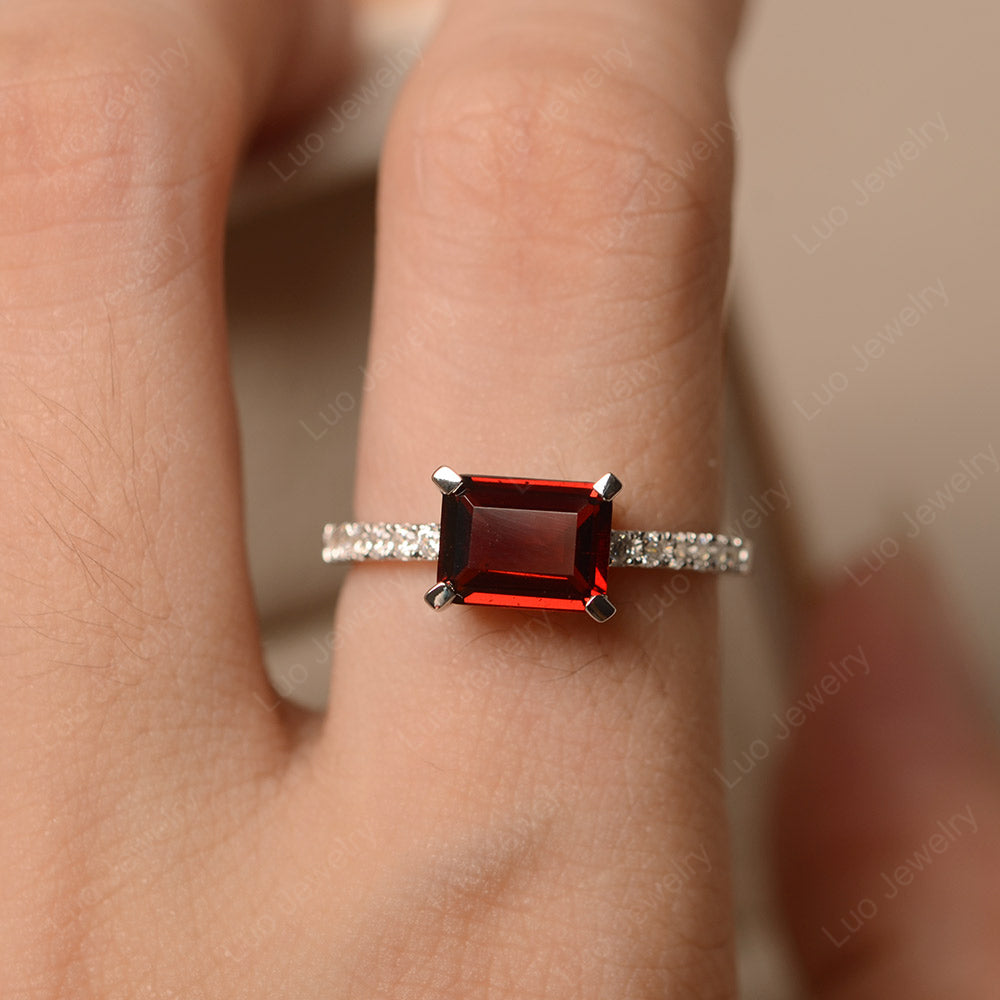 Emerald Cut Garnet Ring Horizontal Engagement Ring - LUO Jewelry