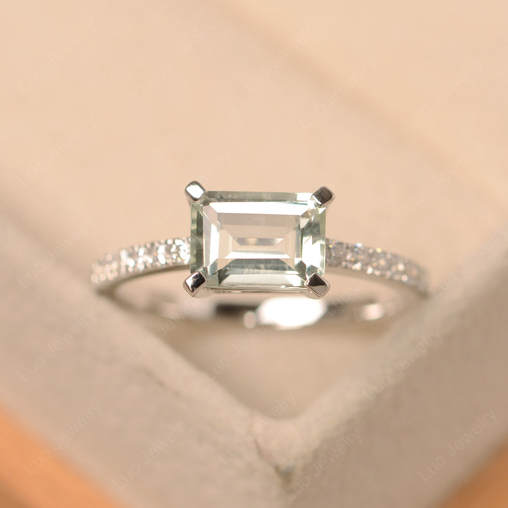 Emerald Cut Green Amethyst Ring Horizontal Engagement Ring - LUO Jewelry