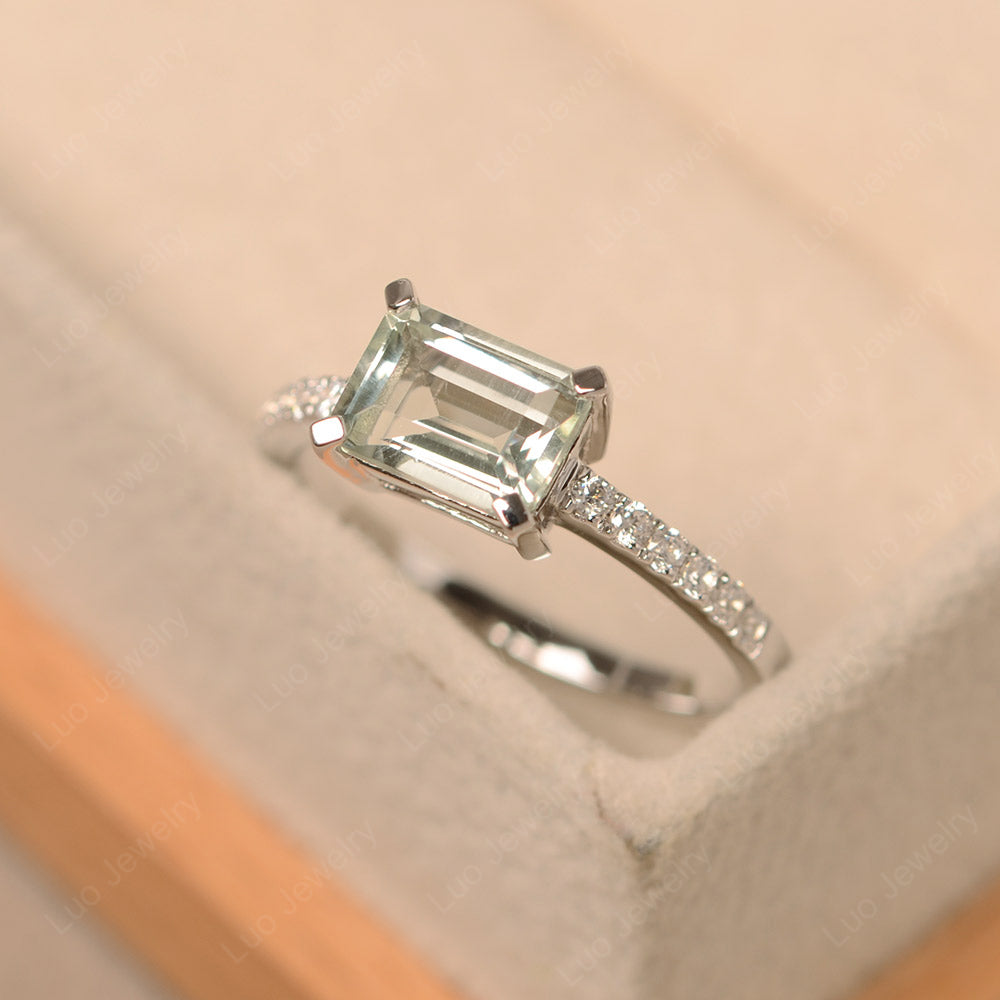 Emerald Cut Green Amethyst Ring Horizontal Engagement Ring - LUO Jewelry