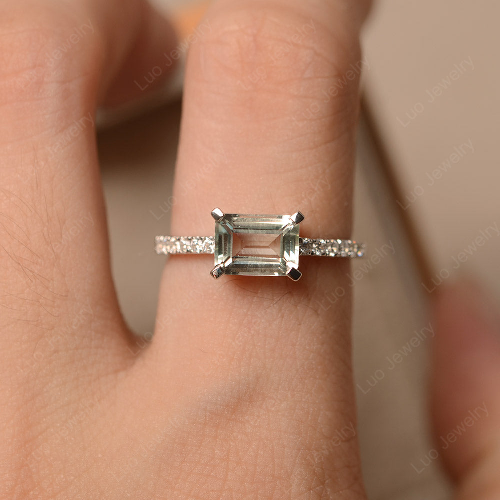 Emerald Cut Green Amethyst Ring Horizontal Engagement Ring - LUO Jewelry