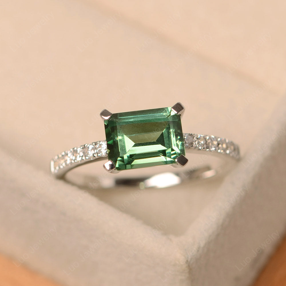Emerald Cut Green Sapphire Ring Horizontal Engagement Ring - LUO Jewelry