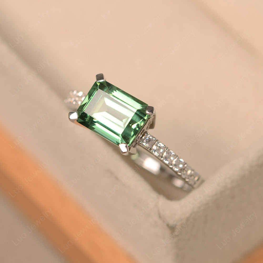 Emerald Cut Green Sapphire Ring Horizontal Engagement Ring - LUO Jewelry