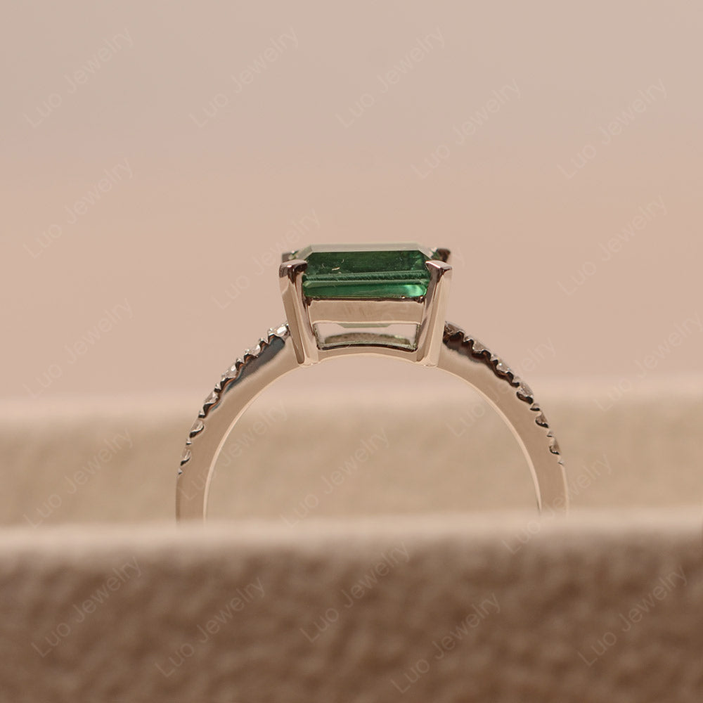 Emerald Cut Green Sapphire Ring Horizontal Engagement Ring - LUO Jewelry