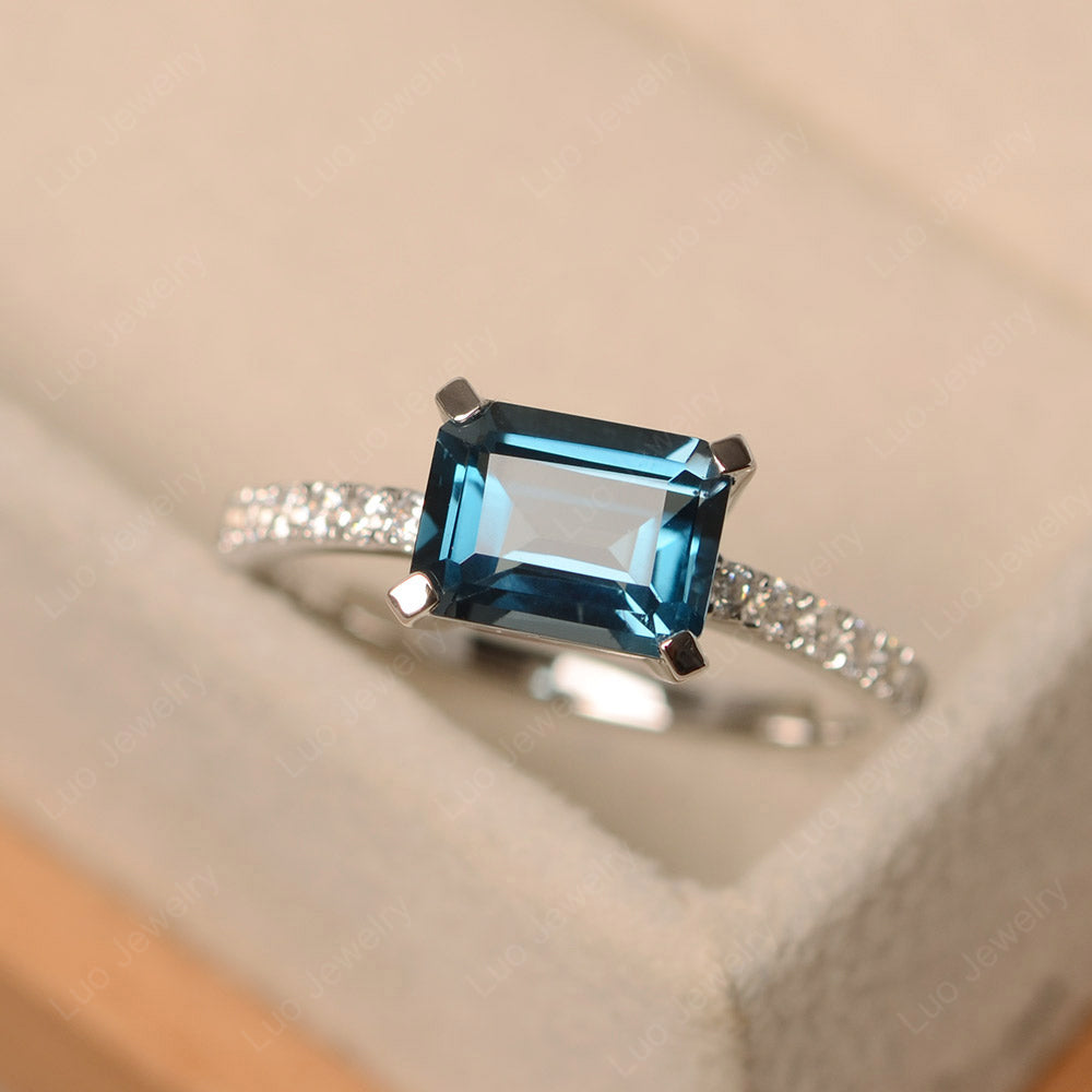 Emerald Cut London Blue Topaz Ring Horizontal Engagement Ring - LUO Jewelry